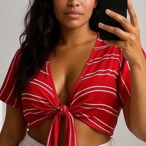 William B Womens Crop Wrap Top M/L Red V-neck Front Tie Beach Festival